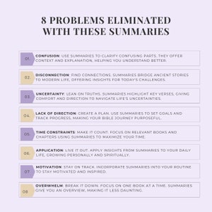 Op de afbeelding: Een paarse en witte infographic met de tekst "8 Problemen ge&euml;limineerd met deze samenvattingen". De infographic somt acht problemen op die samenvattingen kunnen helpen oplossen, zoals verwarring, disconnectie, onzekerheid, gebrek aan richting, tijdsbeperkingen, toepassing, motivatie en overweldiging.