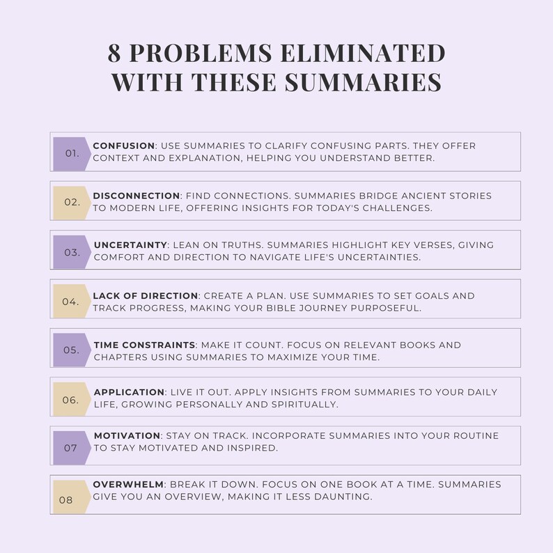Op de afbeelding: Een paarse en witte infographic met de tekst "8 Problemen ge&euml;limineerd met deze samenvattingen". De infographic somt acht problemen op die samenvattingen kunnen helpen oplossen, zoals verwarring, disconnectie, onzekerheid, gebrek aan richting, tijdsbeperkingen, toepassing, motivatie en overweldiging.