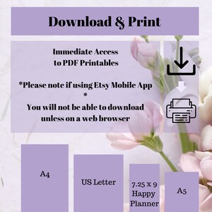 Op de afbeelding: Download en print PDF-printables in de formaten A4, US Letter, 7.25 x 9 Happy Planner en A5.  *Let op: als je de Etsy-mobielapp gebruikt, kun je de bestanden alleen downloaden via een webbrowser.*