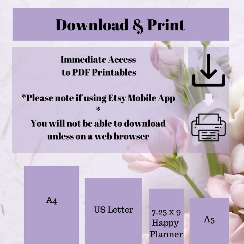Op de afbeelding: Download en print PDF-printables in de formaten A4, US Letter, 7.25 x 9 Happy Planner en A5.  *Let op: als je de Etsy-mobielapp gebruikt, kun je de bestanden alleen downloaden via een webbrowser.*