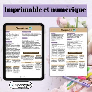 Op de afbeelding: Een digitale tablet toont een studiehandleiding getiteld "Gen&egrave;se" met gedetailleerde tekst en gemarkeerde secties. De afbeelding bevat een gedrukte versie van de gids, kleurrijke pennen en de tekst "Imprimable et num&eacute;rique" bovenaan. Het Goodnotes-compatibele logo staat onderaan.