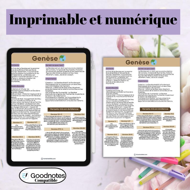Op de afbeelding: Een digitale tablet toont een studiehandleiding getiteld "Gen&egrave;se" met gedetailleerde tekst en gemarkeerde secties. De afbeelding bevat een gedrukte versie van de gids, kleurrijke pennen en de tekst "Imprimable et num&eacute;rique" bovenaan. Het Goodnotes-compatibele logo staat onderaan.