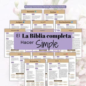 Op de afbeelding: Een verzameling afdrukbare Bijbelstudiegidsen. De gidsen zijn in verschillende kleuren en bevatten de namen van verschillende boeken van de Bijbel. De tekst "El La Biblia completa Hacer Simple" wordt in het midden weergegeven.