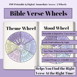 Peut inclure: Un livre ouvert avec deux schémas circulaires, la "Roue des Thèmes" et la "Roue des Humeurs", remplis de versets bibliques et de sujets. Le titre "Bible Verse Wheels" est en haut. Le texte supplémentaire comprend "Imprimable et numérique" et "Vous aide à trouver le bon verset au bon moment!"