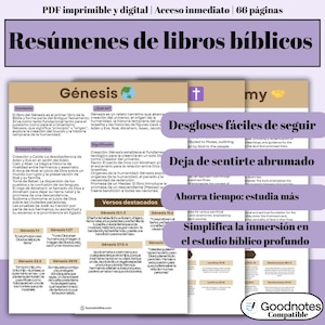 Peut inclure: Un document PDF numérique intitulé "Résumés de livres bibliques" avec le mot "Genèse" en évidence. Le document comprend du texte en espagnol, avec des sections sur le contexte, les essais et les versets, et est compatible avec Goodnotes.