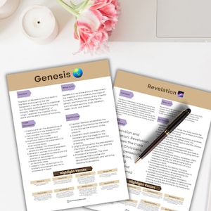 Op de afbeelding: Twee printbare pagina's met informatie over de boeken Genesis en Openbaring uit de Bijbel. De pagina's zijn in een lichtblauw en paars kleurenschema met een wereldbolpictogram op de Genesis-pagina en een bliksem-pictogram op de Openbaring-pagina. De pagina's bevatten de titels "Genesis" en "Openbaring", de woorden "Wat is het?" en "Context", en een lijst met "Triale Discussed" en "Highlight Verses" voor elk boek.