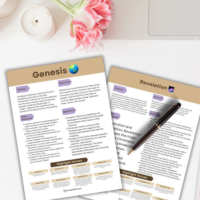 Op de afbeelding: Twee printbare pagina's met informatie over de boeken Genesis en Openbaring uit de Bijbel. De pagina's zijn in een lichtblauw en paars kleurenschema met een wereldbolpictogram op de Genesis-pagina en een bliksem-pictogram op de Openbaring-pagina. De pagina's bevatten de titels "Genesis" en "Openbaring", de woorden "Wat is het?" en "Context", en een lijst met "Triale Discussed" en "Highlight Verses" voor elk boek.
