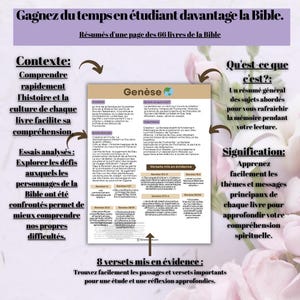 Op de afbeelding: Een gedrukte pagina met de titel "Gen&egrave;se" in het midden, omringd door Franse tekst. De pagina maakt deel uit van een studiehandleiding voor de Bijbel, met gemarkeerde verzen en samenvattingen. De achtergrond is zachtpaars met bloemaccenten.