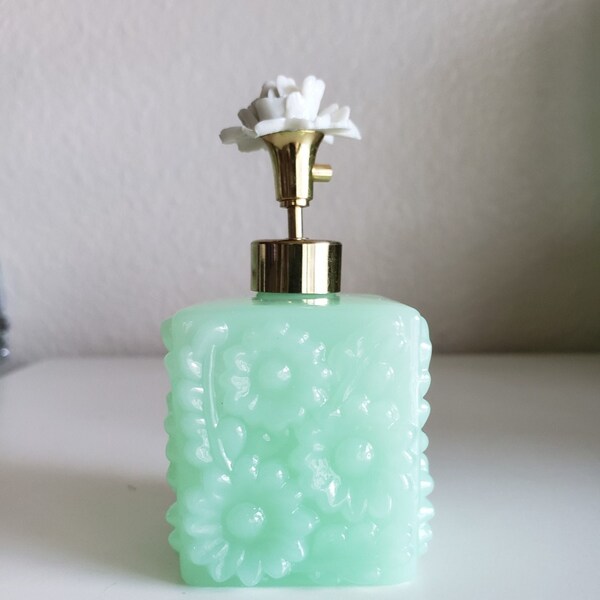 Jadeite Perfume Bottle - I.W. Rice Co Jadeite Perfume Bottle - Floral Daisy Design - Vintage Collectible Jadite Fragrance Bottle