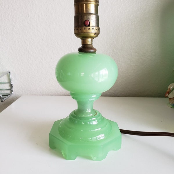 Vintage Jadeite Lamp - Jadite Glass Lamp - Jadeite Boudoir Lamp by HOUZEX Glass with Label Green Glass