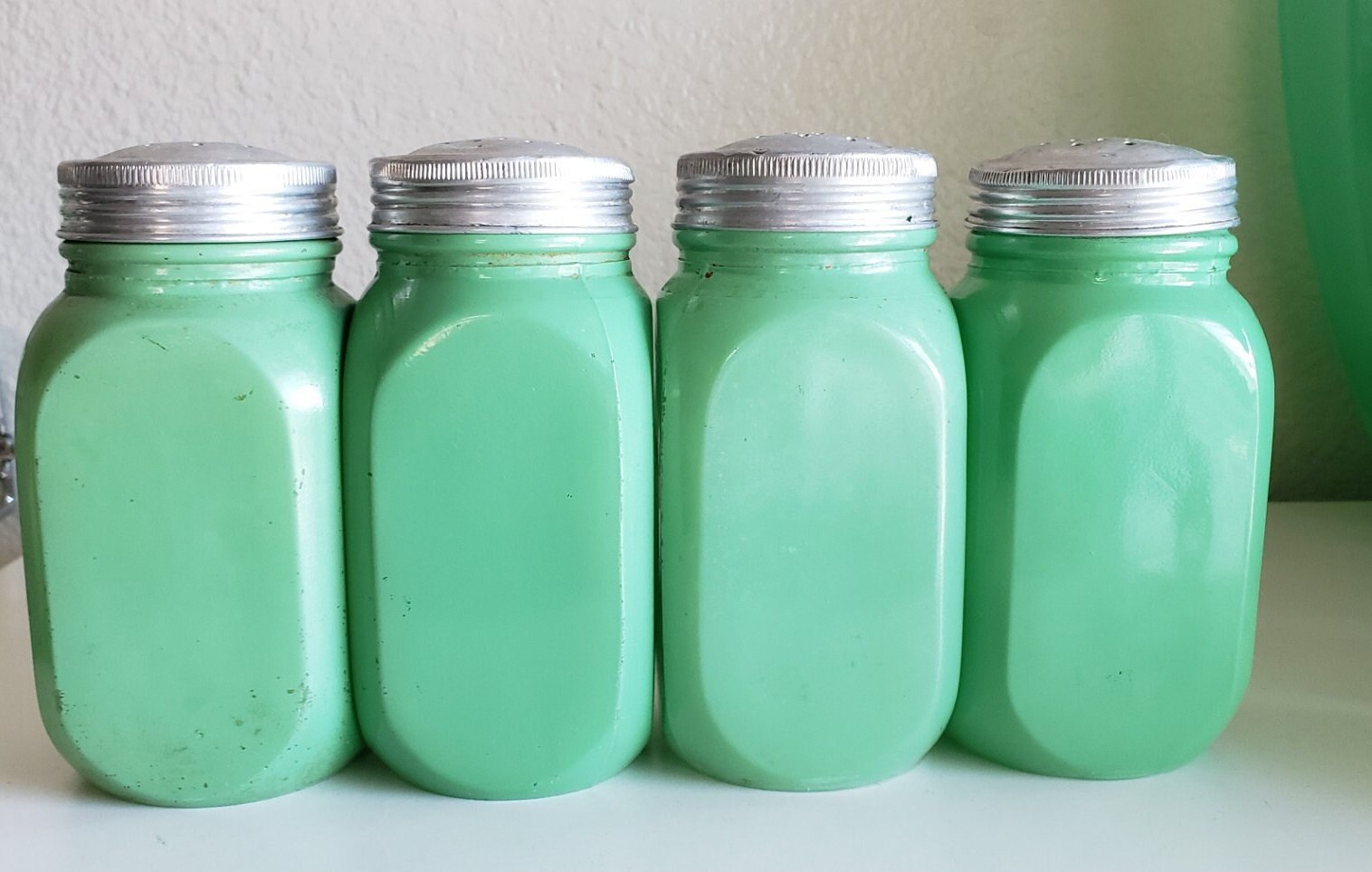 Vintage Hazel Atlas Jadeite Salt Pepper Sugar Flour Shakers Fired on