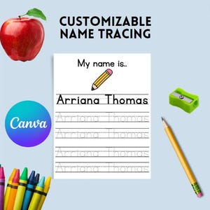 May include: Printable worksheet for tracing the name Arriana Thomas. The worksheet features a pencil and a pencil sharpener. The text "My name is..." is at the top of the page.