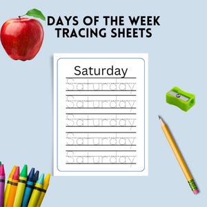 Hoja de trabajo de seguimiento imprimible de los días de la semana, libro de práctica de escritura a mano para niños en edad preescolar, plantilla simple para imprimir en formato PDF para jardín de infantes