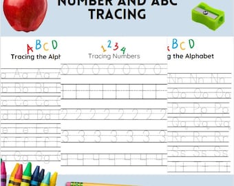 May include: Educational worksheet with the text "NUMBER AND ABC TRACING". Includes tracing exercises for letters and numbers. Features a red apple, a green pencil sharpener, a yellow pencil, and colorful crayons.