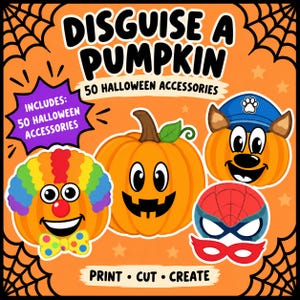 Peut inclure: Un graphique numérique intitulé DISGUISE A PUMPKIN 50 HALLOWEEN ACCESSORIES sur fond orange avec des toiles d'araignées noires. Il présente trois citrouilles décorées en clown, une citrouille d'Halloween classique et un personnage à chapeau bleu.