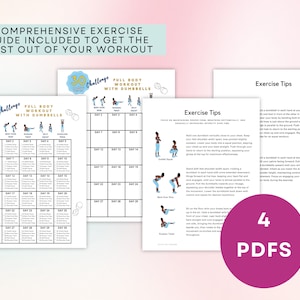 Puede incluir: Un desaf&iacute;o de entrenamiento de cuerpo completo de 30 d&iacute;as imprimible que utiliza mancuernas. El plan de entrenamiento se divide en 30 d&iacute;as con ejercicios enumerados para cada d&iacute;a. El documento tambi&eacute;n incluye consejos de ejercicio para mantener una forma adecuada.
