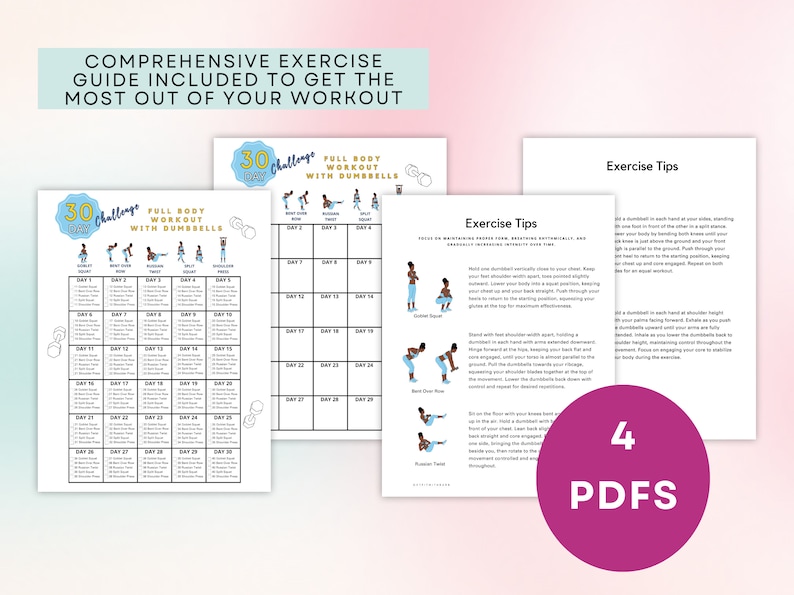 Puede incluir: Un desaf&iacute;o de entrenamiento de cuerpo completo de 30 d&iacute;as imprimible que utiliza mancuernas. El plan de entrenamiento se divide en 30 d&iacute;as con ejercicios enumerados para cada d&iacute;a. El documento tambi&eacute;n incluye consejos de ejercicio para mantener una forma adecuada.