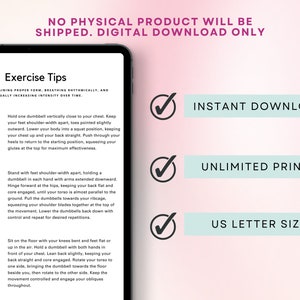Puede incluir: Una descarga digital de consejos de ejercicios de entrenamiento con ilustraciones de tres ejercicios diferentes: sentadilla con copa, remo con barra y giro ruso. El texto incluye el t&iacute;tulo "Consejos de ejercicios" y la frase "Conc&eacute;ntrese en mantener una forma adecuada, respire r&iacute;tmicamente y aumente gradualmente la intensidad con el tiempo." El texto tambi&eacute;n incluye descripciones de cada ejercicio. La imagen tambi&eacute;n incluye tres marcas de verificaci&oacute;n con el texto "Descarga instant&aacute;nea", "Impresiones ilimitadas" y "Tama&ntilde;o carta de EE. UU.".