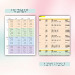 Puede incluir: Un programa de entrenamiento imprimible en PDF con una tabla para realizar un seguimiento de los ejercicios diarios. La tabla incluye columnas para la semana, el d&iacute;a y el ejercicio. Los ejercicios incluyen calentamiento, parte superior del cuerpo, parte inferior del cuerpo y cuerpo completo y n&uacute;cleo. La tabla est&aacute; codificada por colores con diferentes colores para cada d&iacute;a de la semana.