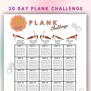 Desafío de planchas de 30 días, Guía de planchas, Entrenamiento en casa, Plan de entrenamiento, Entrenamiento imprimible, Tamaño carta de EE. UU.