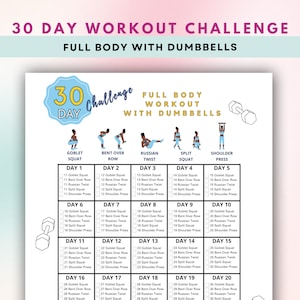 Desafío de 30 días Entrenamiento de cuerpo completo, Guía de acondicionamiento físico, Desafío con mancuernas, Plan de entrenamiento en casa, Entrenamiento de cuerpo completo, Descarga digital, Carta de EE. UU.