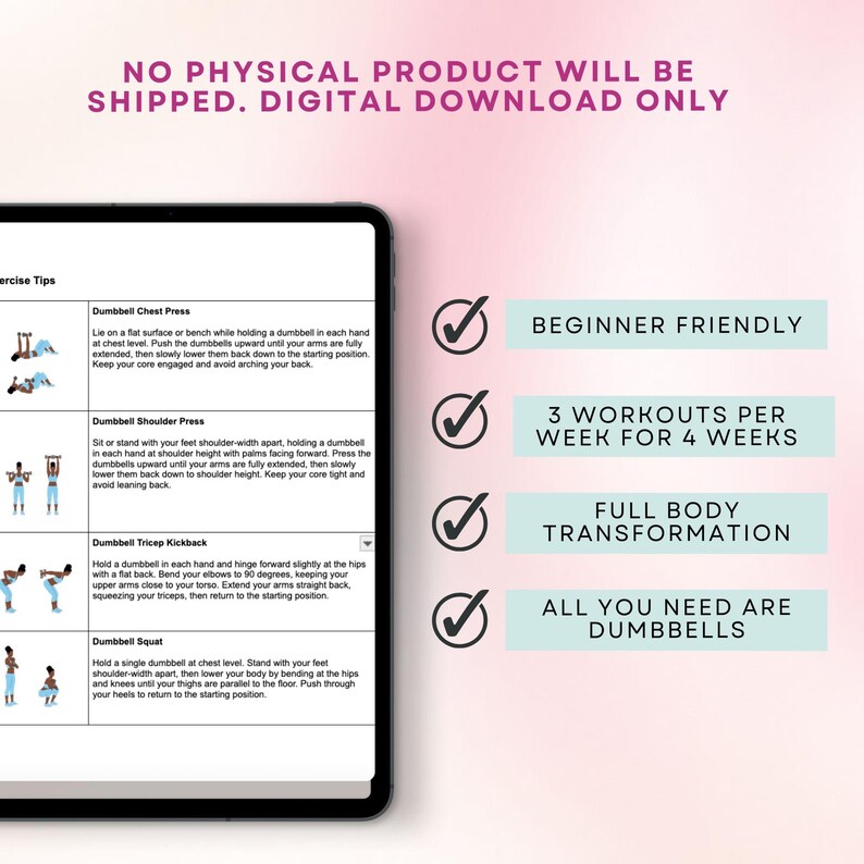 Puede incluir: Una gu&iacute;a de descarga digital para un programa de entrenamiento con mancuernas de 4 semanas. La gu&iacute;a incluye 3 entrenamientos por semana y es apta para principiantes. La gu&iacute;a incluye una transformaci&oacute;n completa del cuerpo y afirma que todo lo que necesitas son mancuernas.