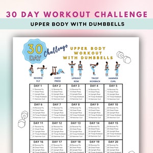 Desafío de 30 días para la parte superior del cuerpo, Desafío con mancuernas, Guía de fitness, Plan de entrenamiento en casa, Entrenamiento de brazos, Descarga digital, Carta de EE. UU., Entrenamiento