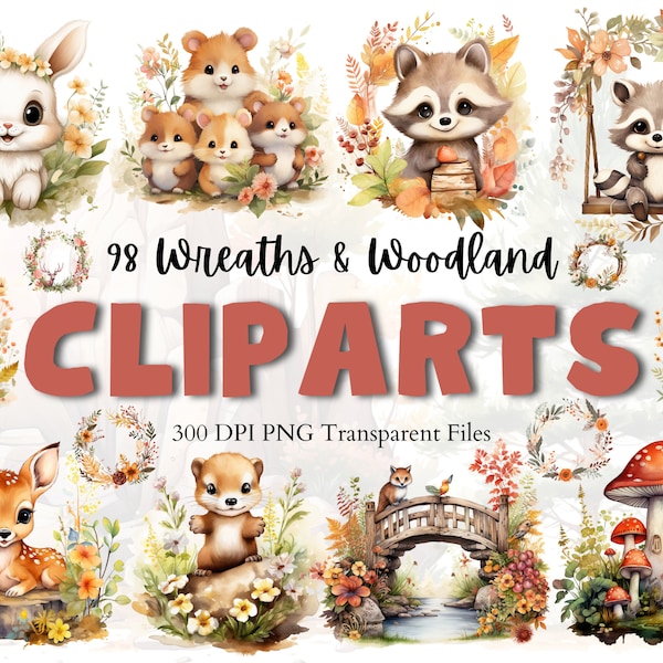 Woodland Wreaths Clipart, Woodland Animals Clipart, Floral Wreaths Clipart, Woodland Patterns Png, Bunny Png, Deer Png Squirrel Clipart