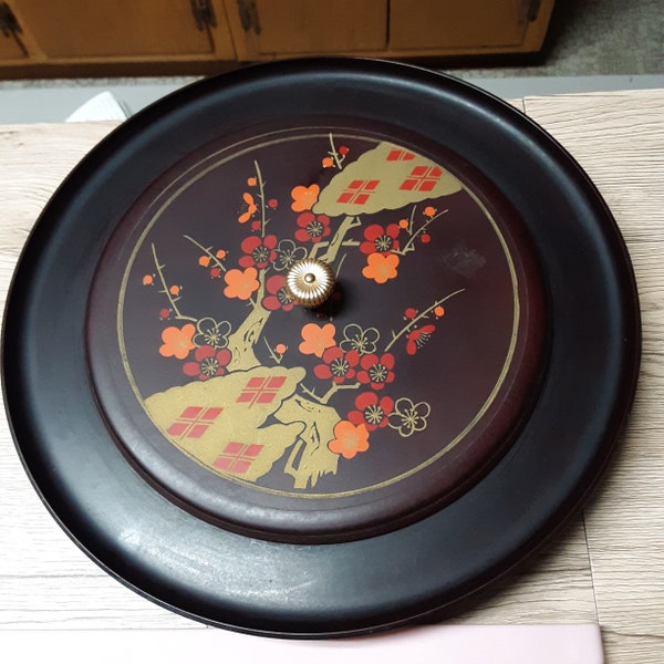 Vintage 60s 70s Japan Lacquerware Lazy Susan Covered Dish Serving Tray Brown w/ Orange & Red Flowers MCM Retro Floral Party Platter Dining