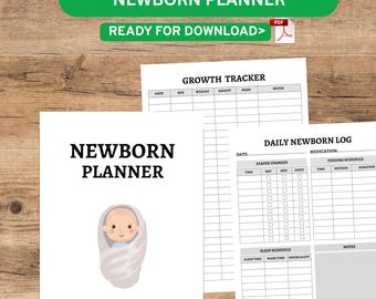 Może przedstawiać: Plan dla noworodka z zielonym banerem z napisem "NEWBORN PLANNER" i "READY FOR DOWNLOAD>". Plan zawiera narzędzie do śledzenia wzrostu, dzienny dziennik noworodka i harmonogram snu. Okładka przedstawia kreskówkowe dziecko.