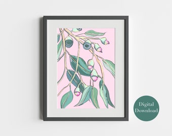 Blush Pink Australian Native Gum Nuts, Flower Blossoms & Leaves Artwork no.3 - Digital Download - Wall Art - Home Decor - A4 - A3