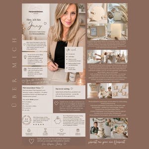 May include: A collage featuring a person, text, and various product photos including wooden cake toppers, personalized signs, and decorative items. The layout includes sections titled "&Uuml;ber mich" and "Herzensst&uuml;bchen" with beige and brown tones throughout.
