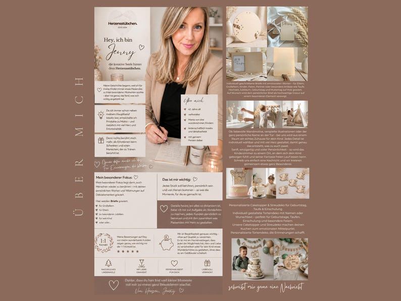 May include: A collage featuring a person, text, and various product photos including wooden cake toppers, personalized signs, and decorative items. The layout includes sections titled "&Uuml;ber mich" and "Herzensst&uuml;bchen" with beige and brown tones throughout.