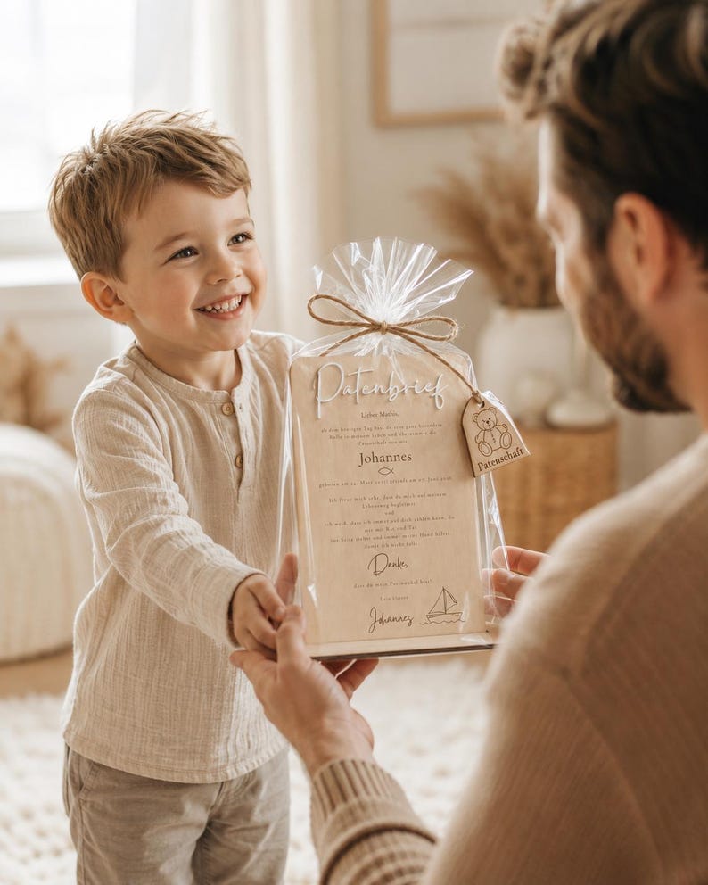May include: A rectangular wooden plaque with the text Patenbrief and Johannes printed on it, enclosed in a clear plastic bag tied with twine. A small wooden tag shaped like a teddy bear with the word Patenschaft is attached to the twine.