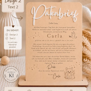 May include: A rectangular light wood plaque standing on a matching base, featuring the German text "Patenbrief" in raised white lettering. The surface includes printed German text, a dove illustration, and a small fox graphic at the bottom.