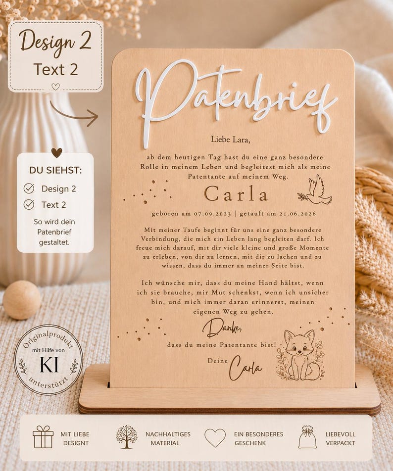 May include: A rectangular light wood plaque standing on a matching base, featuring the German text "Patenbrief" in raised white lettering. The surface includes printed German text, a dove illustration, and a small fox graphic at the bottom.