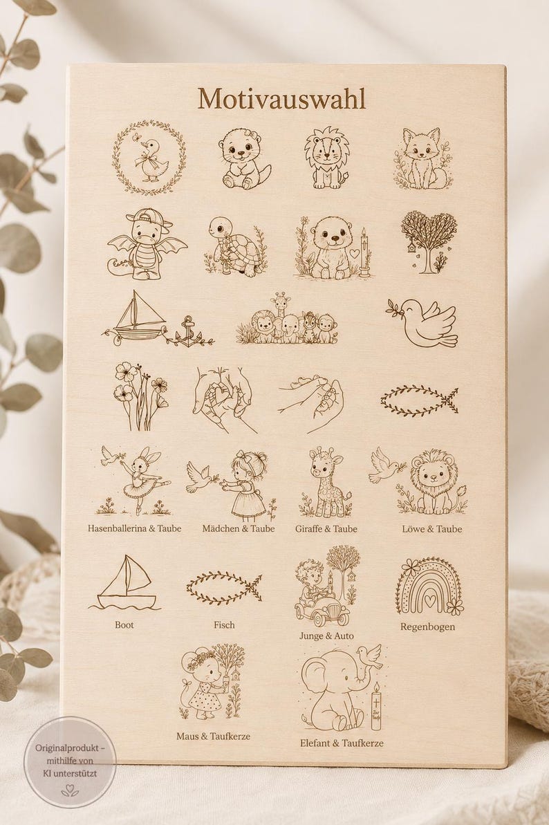 May include: A light-colored wooden board featuring the text Motivauswahl at the top, followed by a grid of various engraved line art illustrations including animals, flowers, a sailboat, a rainbow, and children, with labels in German below some icons.