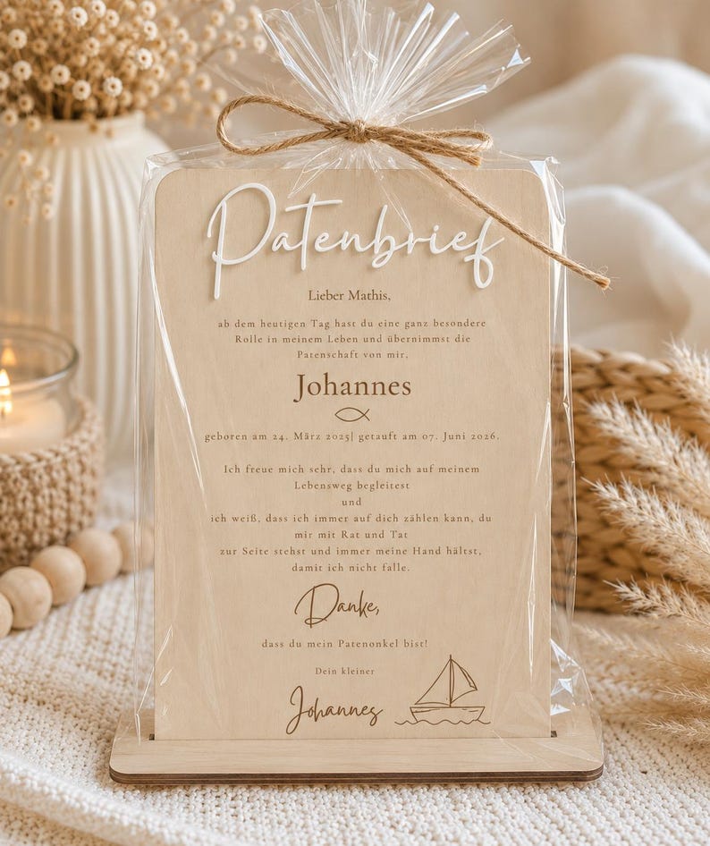 May include: A rectangular light wood plaque with rounded corners, held in a matching wooden base and wrapped in clear plastic with a jute twine bow. The text reads Patenbrief, Lieber Mathis, Johannes, and includes a sailboat graphic.