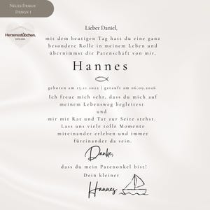 May include: A white card with black text addressed to Daniel, asking him to be a godfather to Hannes. The card includes birth and baptism dates, a fish symbol, a sailboat illustration, and the logo for Herzensst&uuml;bchen ESTD 2024.