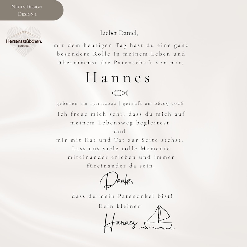 May include: A white card with black text addressed to Daniel, asking him to be a godfather to Hannes. The card includes birth and baptism dates, a fish symbol, a sailboat illustration, and the logo for Herzensst&uuml;bchen ESTD 2024.