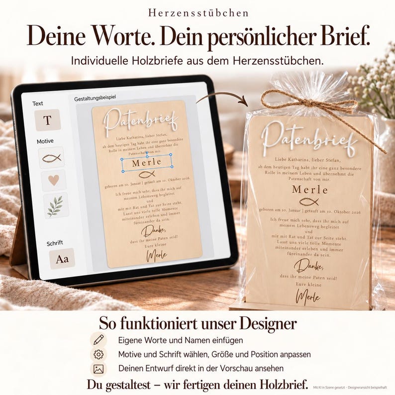 May include: A tablet displaying a design interface for a wooden letter alongside a physical wooden letter in a clear plastic bag tied with twine. The letter features the text Patenbrief, Merle, and a fish icon, with German text.