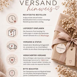 May include: An informational graphic titled VERSAND hinweis with five sections featuring icons of a clock, box, truck, shield, and exclamation mark. To the right, a brown gift box is wrapped with a ribbon and two small tags.