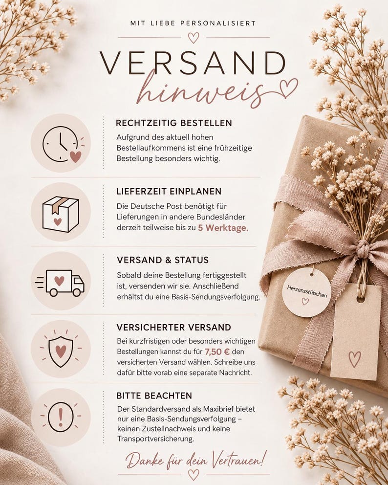 May include: An informational graphic titled VERSAND hinweis with five sections featuring icons of a clock, box, truck, shield, and exclamation mark. To the right, a brown gift box is wrapped with a ribbon and two small tags.