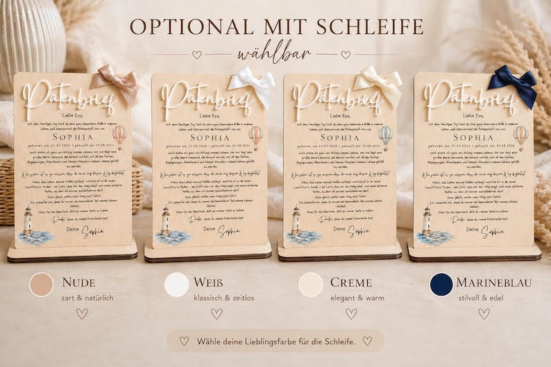 May include: Four rectangular wooden plaques with stands, each featuring the German text Patenbrief, a lighthouse illustration, a hot air balloon, and a fabric bow in nude, white, cream, or navy blue. The plaques display personalized details.