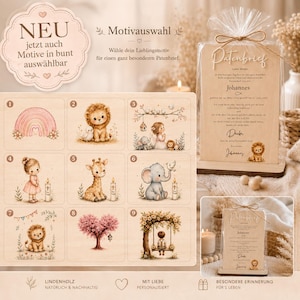 May include: A wooden plaque featuring nine distinct illustrations including a rainbow, lion, angel, girl, giraffe, elephant, tree, and child on a swing. The text includes 'NEU', 'Motivauswahl', and 'Patenbrief' with personalized details.