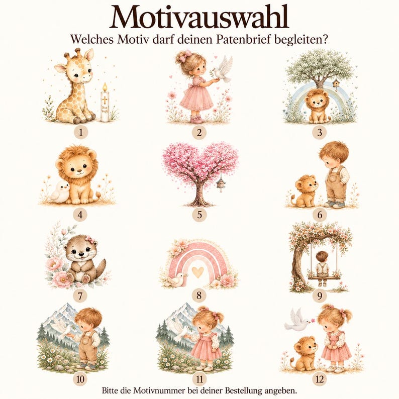 May include: A selection chart titled Motivauswahl with the subtitle Welches Motiv darf deinen Patenbrief begleiten? featuring twelve numbered illustrations of children, animals, trees, rainbows, and mountains in a soft watercolor style.