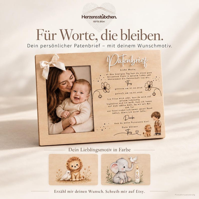 May include: A rectangular wooden photo frame featuring a cream-colored ribbon bow on the left side and a personalized letter titled Patenbrief on the right. The frame displays a photograph of an adult holding a baby and includes printed text.