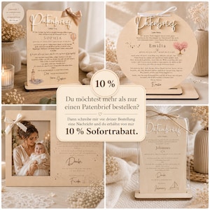 May include: A collection of wooden baptism letter plaques featuring laser-engraved text, names, and illustrations like lighthouses, trees, and sailboats, some adorned with ribbons and displayed on wooden stands for commemorative purposes.