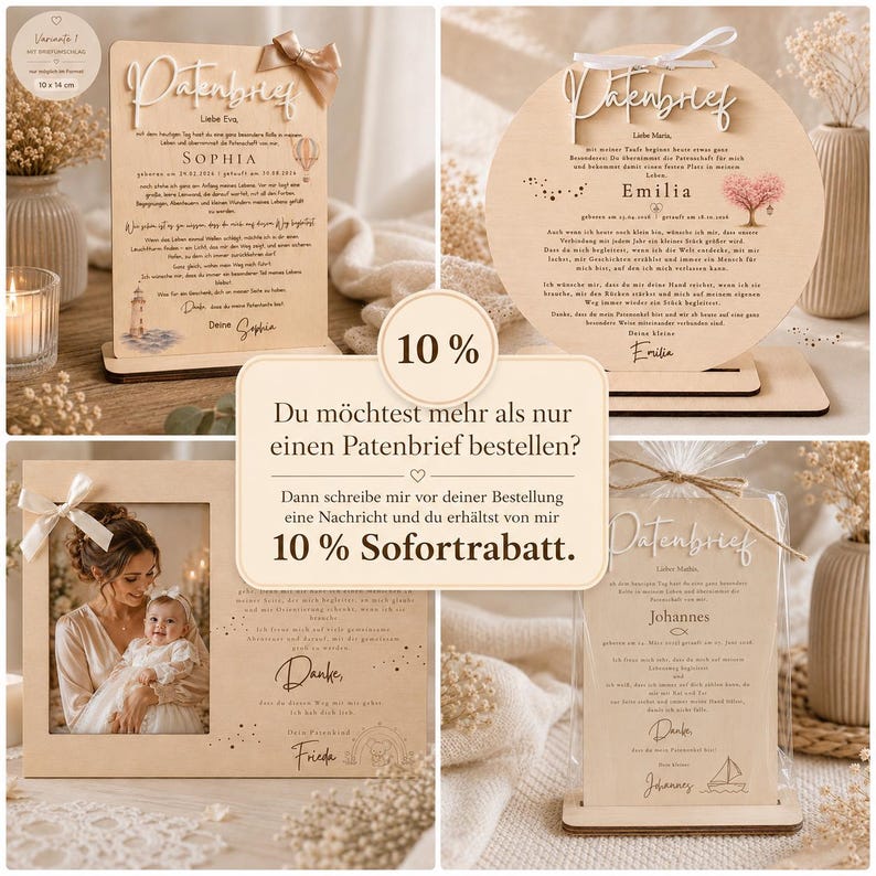 May include: A collection of wooden baptism letter plaques featuring laser-engraved text, names, and illustrations like lighthouses, trees, and sailboats, some adorned with ribbons and displayed on wooden stands for commemorative purposes.