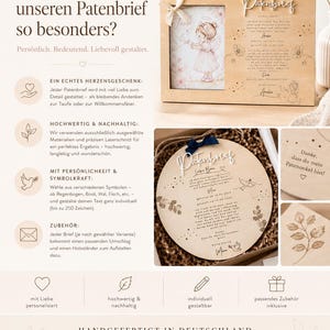 May include: A rectangular wooden frame with a photo of an angel and a circular wooden plaque, both engraved with German text and decorative motifs. The set includes a small white ribbon and is presented in a box with filler material.